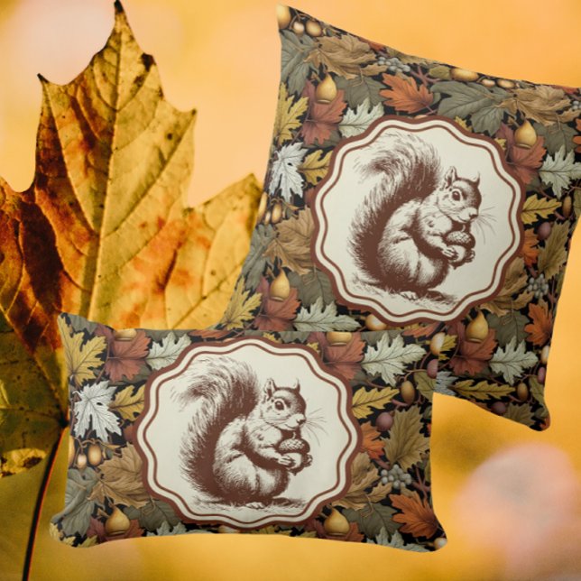 Almofada William Morris Autumn Leaves com Esquilo Retro (Pillows are a perfect autumn accent, inside or on the porch.)
