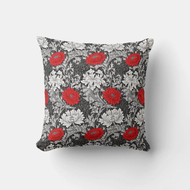Almofada William Morris Chrysanthemums, Cinzas e Vermelho (Frente)