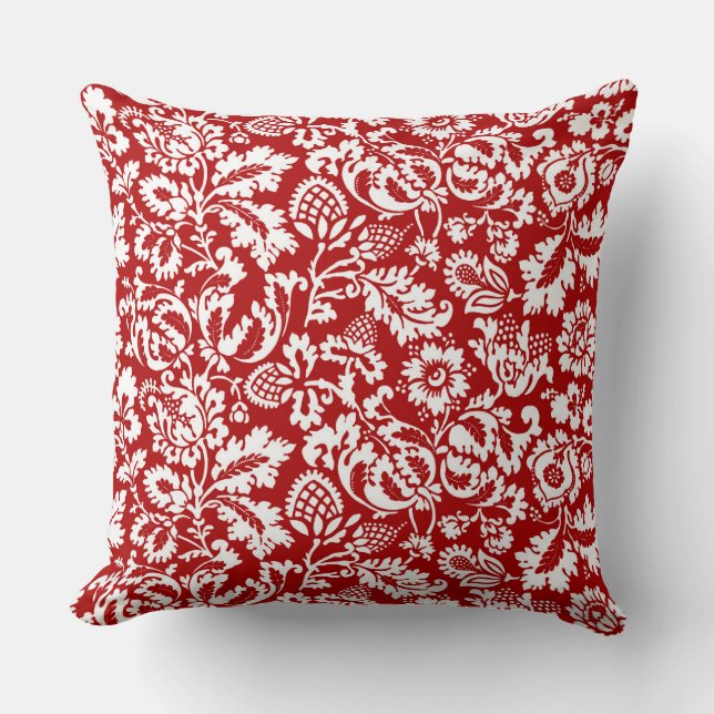 Almofada William Morris Floral Damask, Branco e Vermelho Pr (Frente)