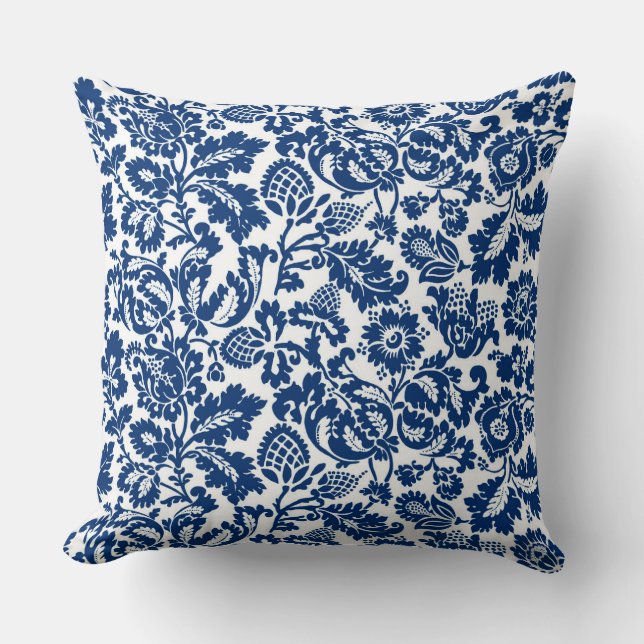 Almofada William Morris Floral Damask, Cobalt Blue em Branc (Frente)