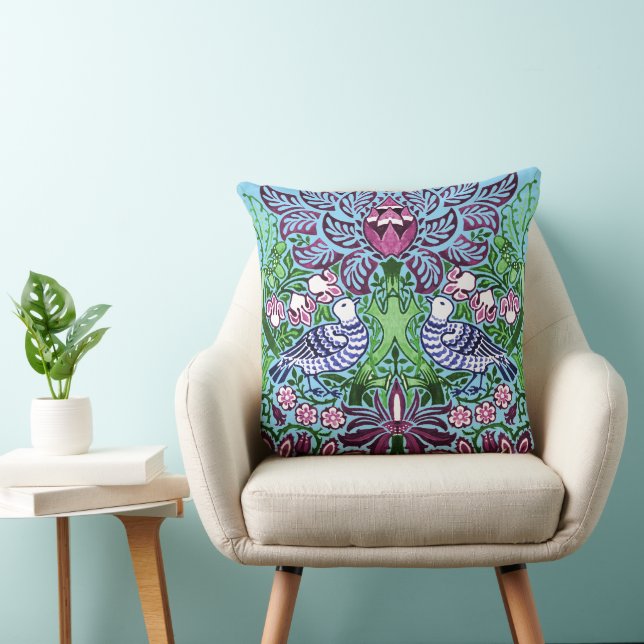 Almofada William Morris Folk Art Birds Flores Bolotas (Cadeira)