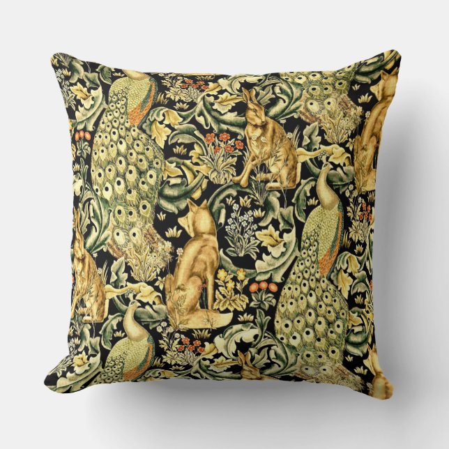 Almofada William Morris Forest Tapeçaria Fox Hare Peacock (Frente)
