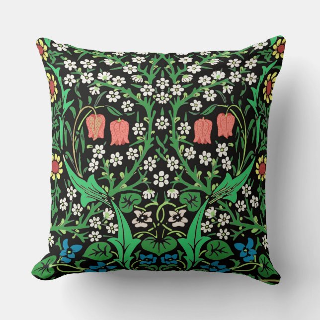 Almofada William Morris Jacobean Floral, Fundo Negro (Frente)