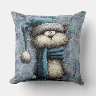 Almofada Winter Blue Christmas Cat With Hat And Scarf