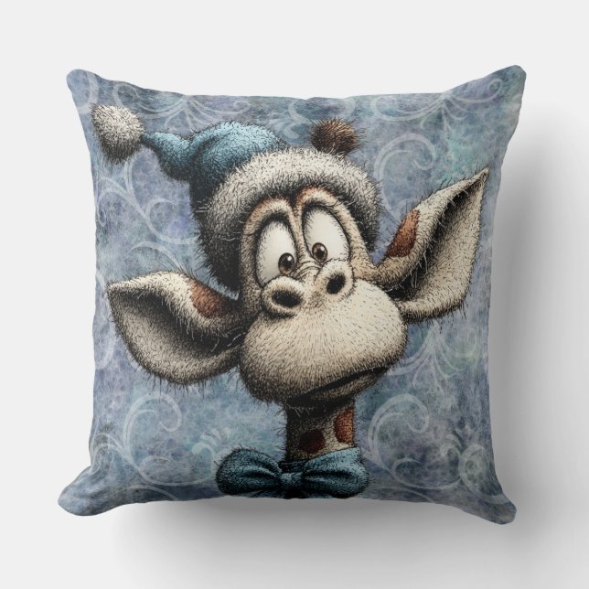 Almofada Winter Blue Christmas Cute Giraffe With Hat (Frente)
