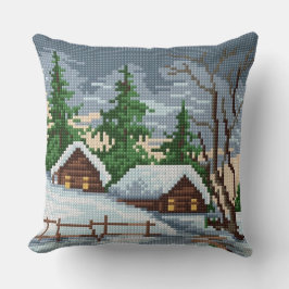 Almofada Winter Cabin Cross Stitch Style Throw Pillow