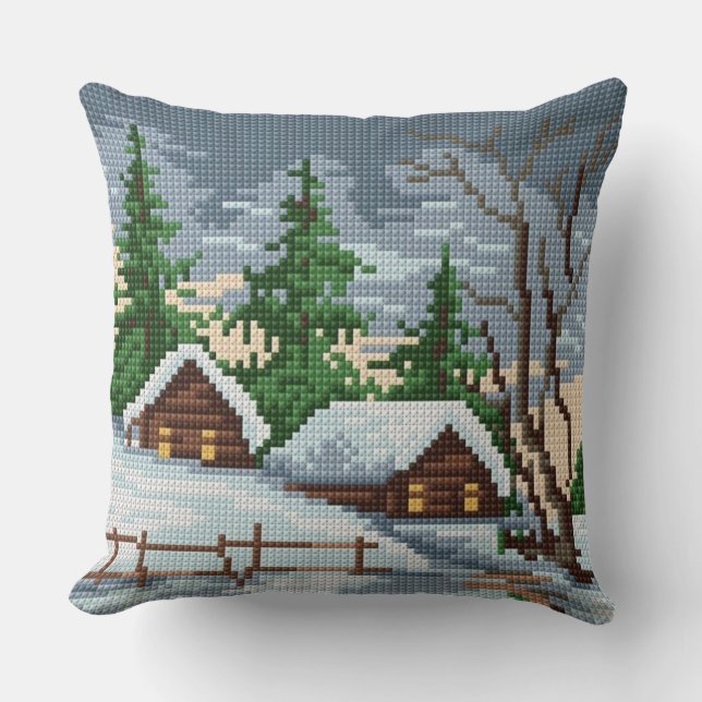 Almofada Winter Cabin Cross Stitch Style Throw Pillow (Frente)