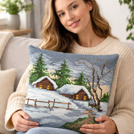 Almofada Winter Cabin Cross Stitch Style Throw Pillow