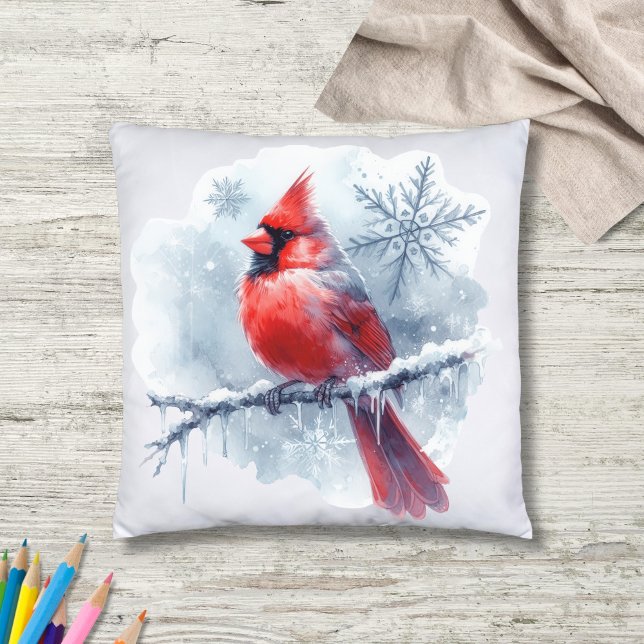 Almofada Winter Cardinal with Snowflakes on Icy Branch (Criador carregado)