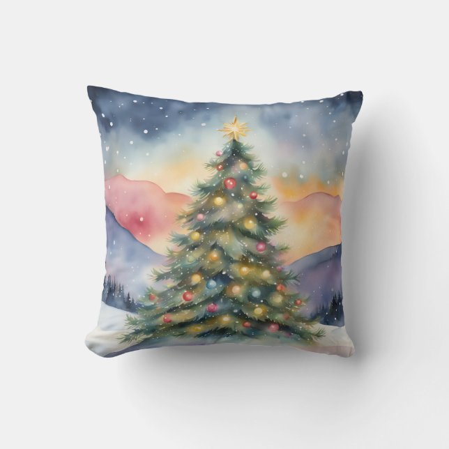 Almofada Winter Christmas Tree Snowy Sunset Scenery (Frente)