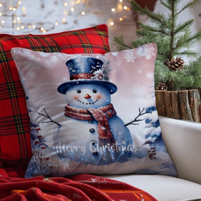 Almofada Winter Forest Snowman Natal | Cor de Rosa (Pink Winter Forest Snowman Christmas Throw Pillow)