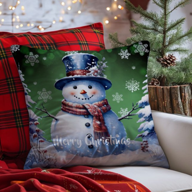 Almofada Winter Forest Snowman Natal | Verde (Green Winter Forest Snowman Christmas Throw Pillow)