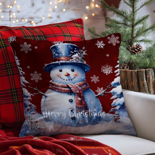Almofada Winter Forest Snowman Natal | Vermelha (Red Winter Forest Snowman Christmas Throw Pillow)