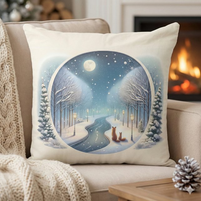 Almofada Winter Foxes by Moonlit Snowy River (Winter Foxes by Moonlit Snowy River Throw Pillow Mockup A)