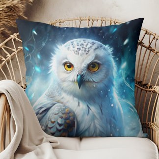 Almofada Winter Magic Snowy Owl Mystic Blue Throw Pillow