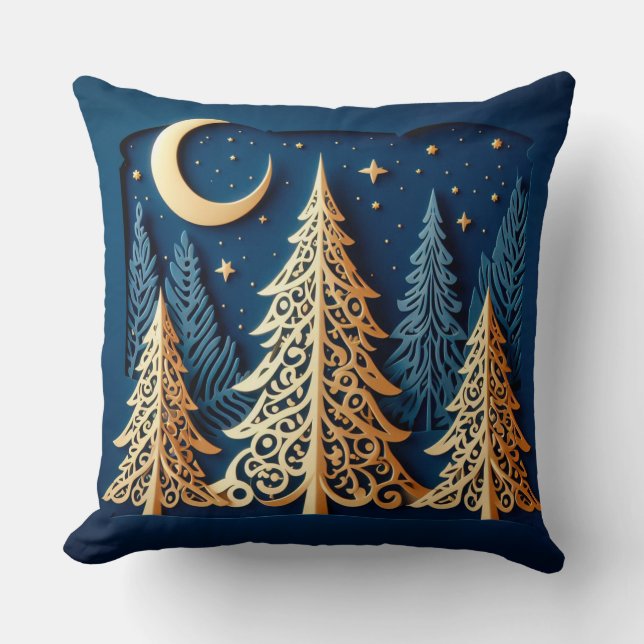 Almofada Winter’s Gold Papercut – Cena das Árvores de Natal (Frente)