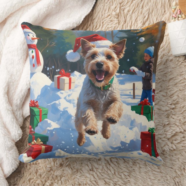 Almofada Wire Fox Terrier Correndo na Neve com Chapéu de Na (Cobertor)