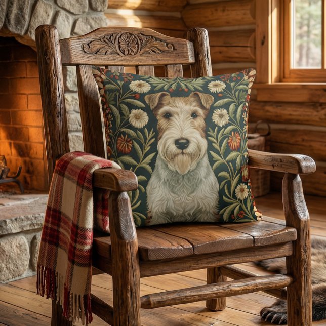Almofada Wire Fox Terrier in William Morris Floral Style (Approximates 20 inch size.)