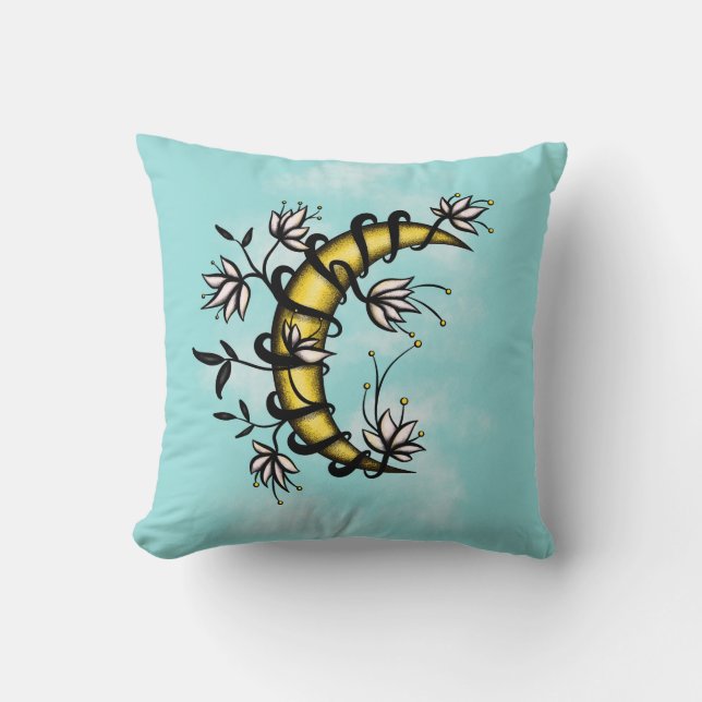 Almofada Witchy Crescent Moon Floral Wiccan (Frente)