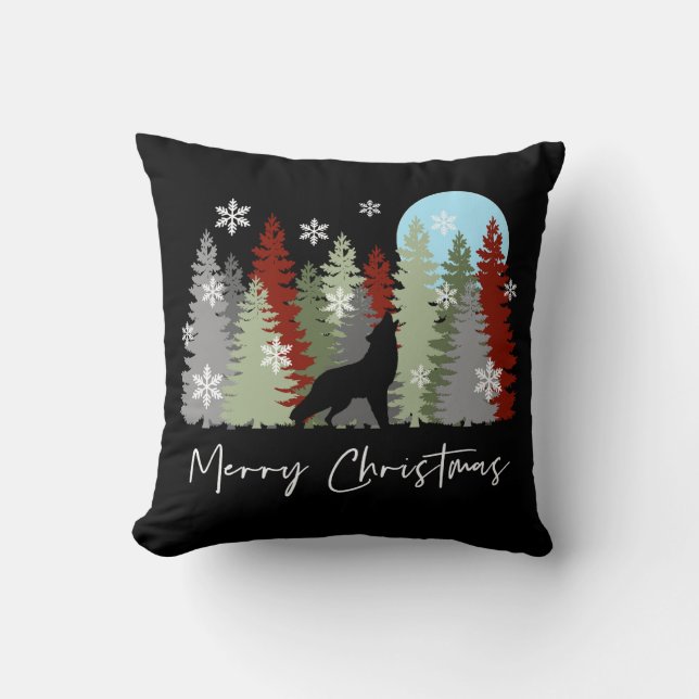 Almofada Wolf Howling Na Floresta Feliz Árvores De Natal (Frente)