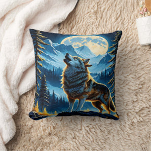 Almofada Wolf Howling Sob Lua Cheia na Paisagem de Montanha