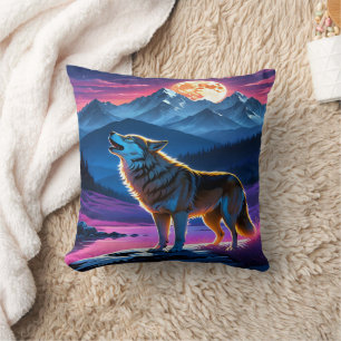 Almofada Wolf Howling Sob Lua Completa Sobre Montanhas
