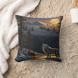 Almofada Wolf Howling Sob uma lua cheia na paisagem de inve