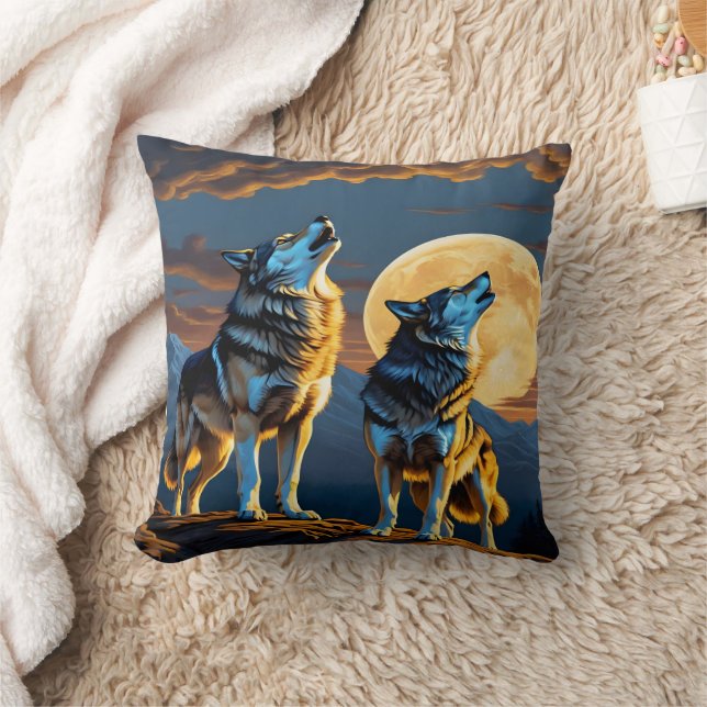 Almofada Wolves Howling Sob Lua Completa (Cobertor)