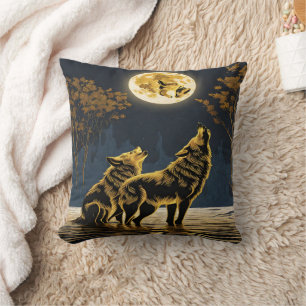 Almofada Wolves Howling Sob um Céu Lua Ouro