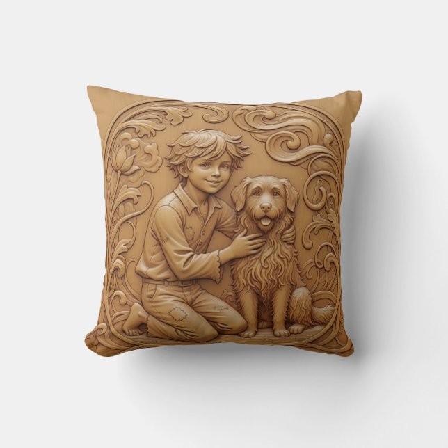 Almofada Wood carving effect Throw Cushion boy and dog (Frente)