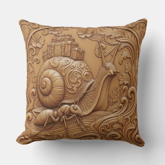 Almofada Wood carving effect Throw Cushion snail and ant (Frente)