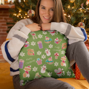 Almofada Woodland Animal Pattern Green Merry Christmas