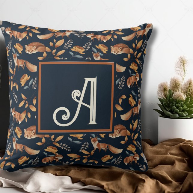Almofada Woodland Animal Watercolor Fox Pattern Monograma (Monogram Cute Woodland Red Fox Pattern Watercolor Throw Pillow)