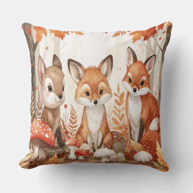 Almofada Woodland Animals Autumn - Fox Deer Rabbit Owl Mush (Frente)