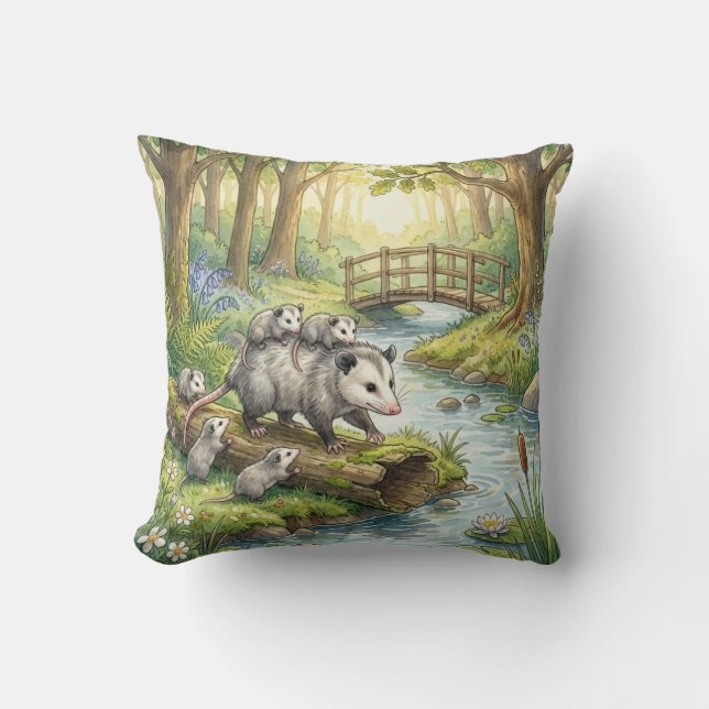 Almofada Woodland Opossum Mama & Babies Kids Throw Pillow (Frente)