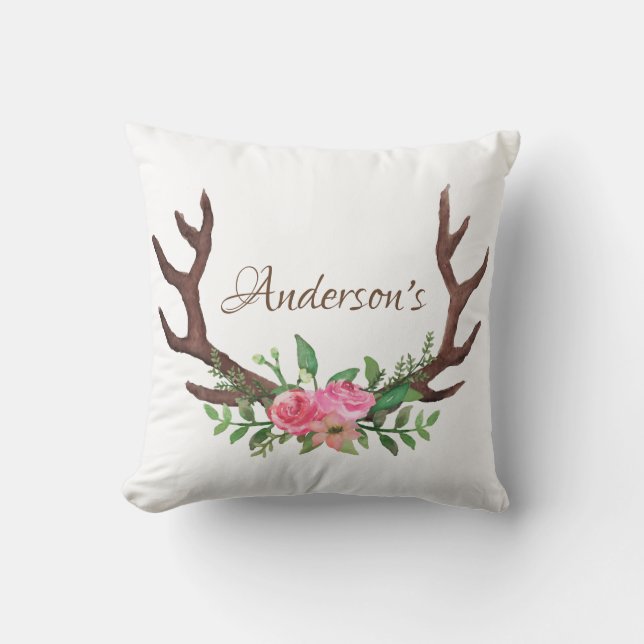 Almofada Woodland Watercolor Floral Rosa Deer Buck Antlers (Frente)