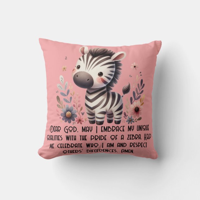 Almofada Woodland Zebra Kids Christian Prayer a Rosa | (Frente)