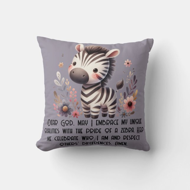 Almofada Woodland Zebra Kids Oração Cristã em Púrpura | (Frente)