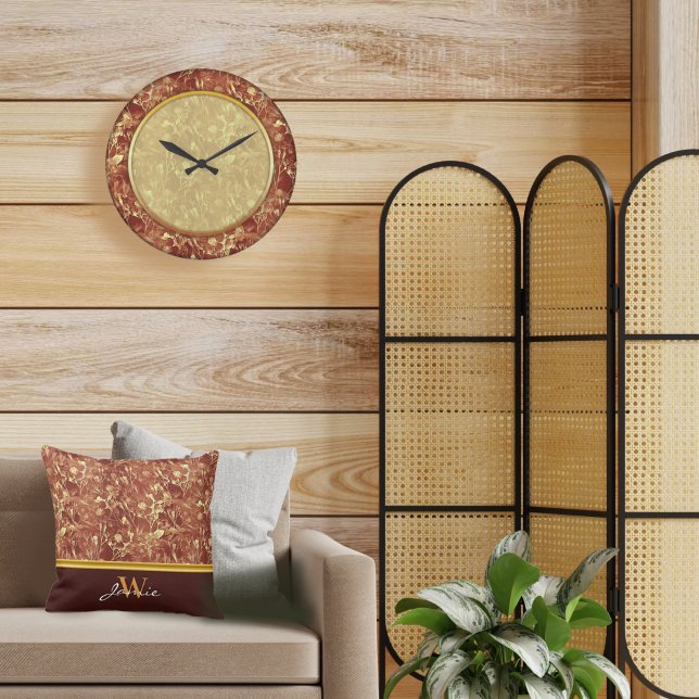 Almofada Woodsy Brown Abstrato Cosmos Dourado Trim Monogram (Criador carregado)