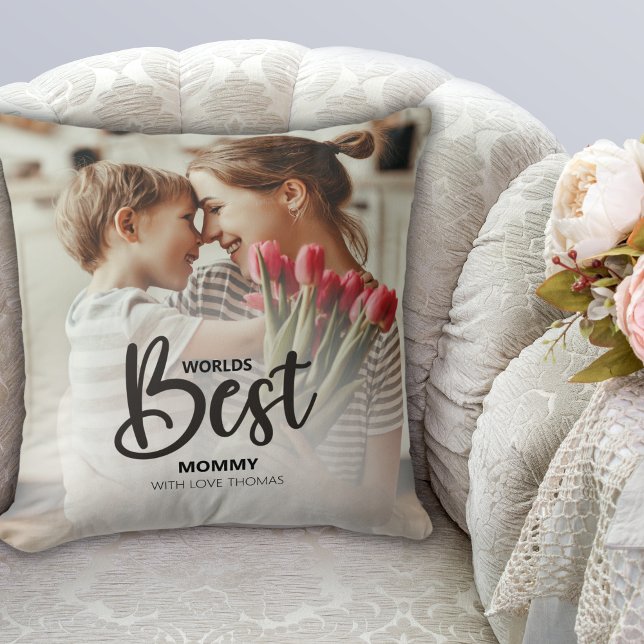 Almofada Worlds Best Mommy Photo with White Writing (Criador carregado)