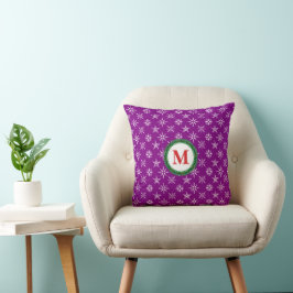 Almofada Wreath Monograma Flocos de neve brancos Fundo roxo