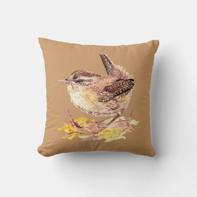 Almofada Wren (Original Watercolor Bird Cute House) (Frente)