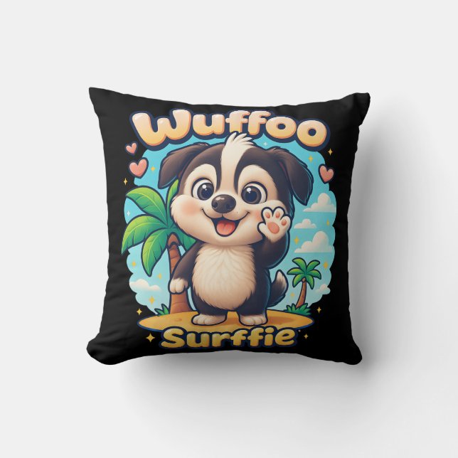 Almofada Wuffoo Surffie Cute Kawaii Puppy Tropical Island (Frente)