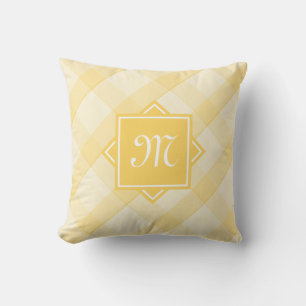 Almofada Xadrez Amarelo Chic com Monograma Diagonal Moderno
