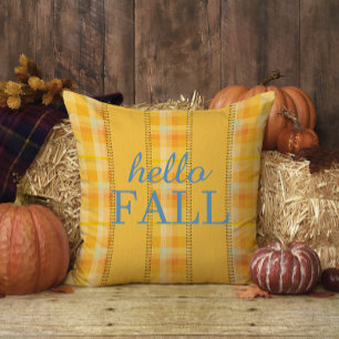 Almofada Xadrez Amarelo Gingham Nome da Família Hello Fall