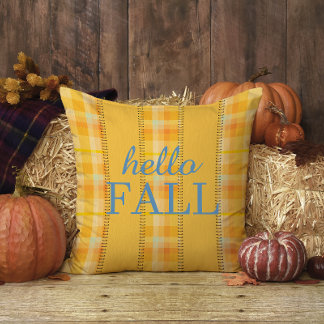 Almofada Xadrez Amarelo Gingham Nome da Família Hello Fall