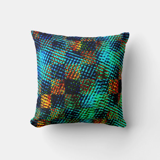 Almofada Xadrez azul, arranhão esverdeado, mancha suja verm (Frente)