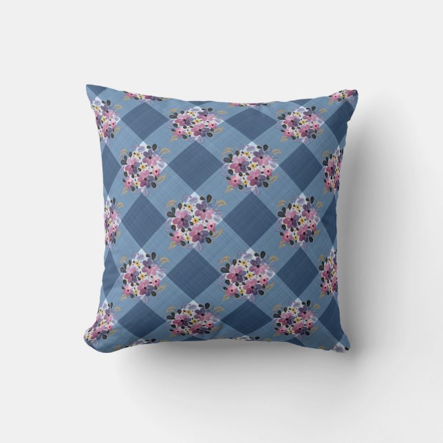 Almofada Xadrez Azul e Floral Roxo Country (Frente)