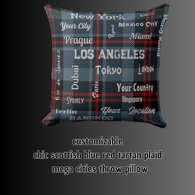 Almofada xadrez azul-tartã-vermelha-chic e mega cidades (chic scottish blue red tartan plaid & mega cities throw pillow)