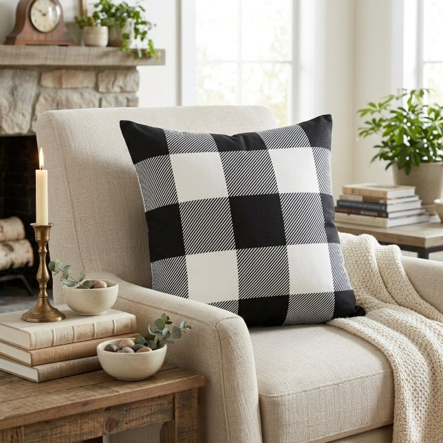 Almofada Xadrez Búfalo Preto e Branco Rústico Casa de Campo (Modern Farmhouse Black and White Buffalo Plaid Throw Pillow.  A cozy addition to your home decor.)